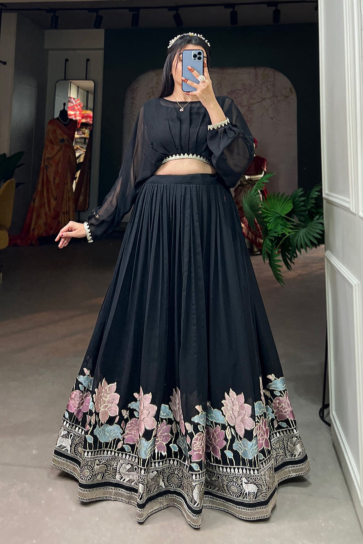 black lehenga,plus size available,Comfort Fit,Premium Fabric,Express Delivery.