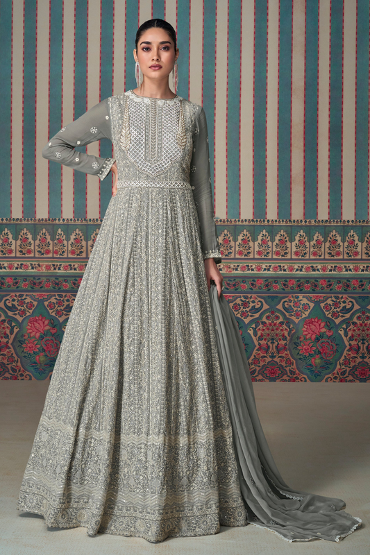 Grey Georgette Designer Anarkali Gown For Wedding Wear