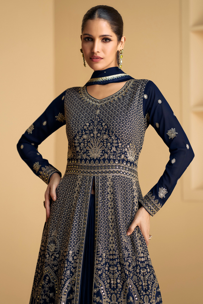 Anarkali Indian Dresses​ Navy Blue Embroidered Worked Gown For Women's Wear
