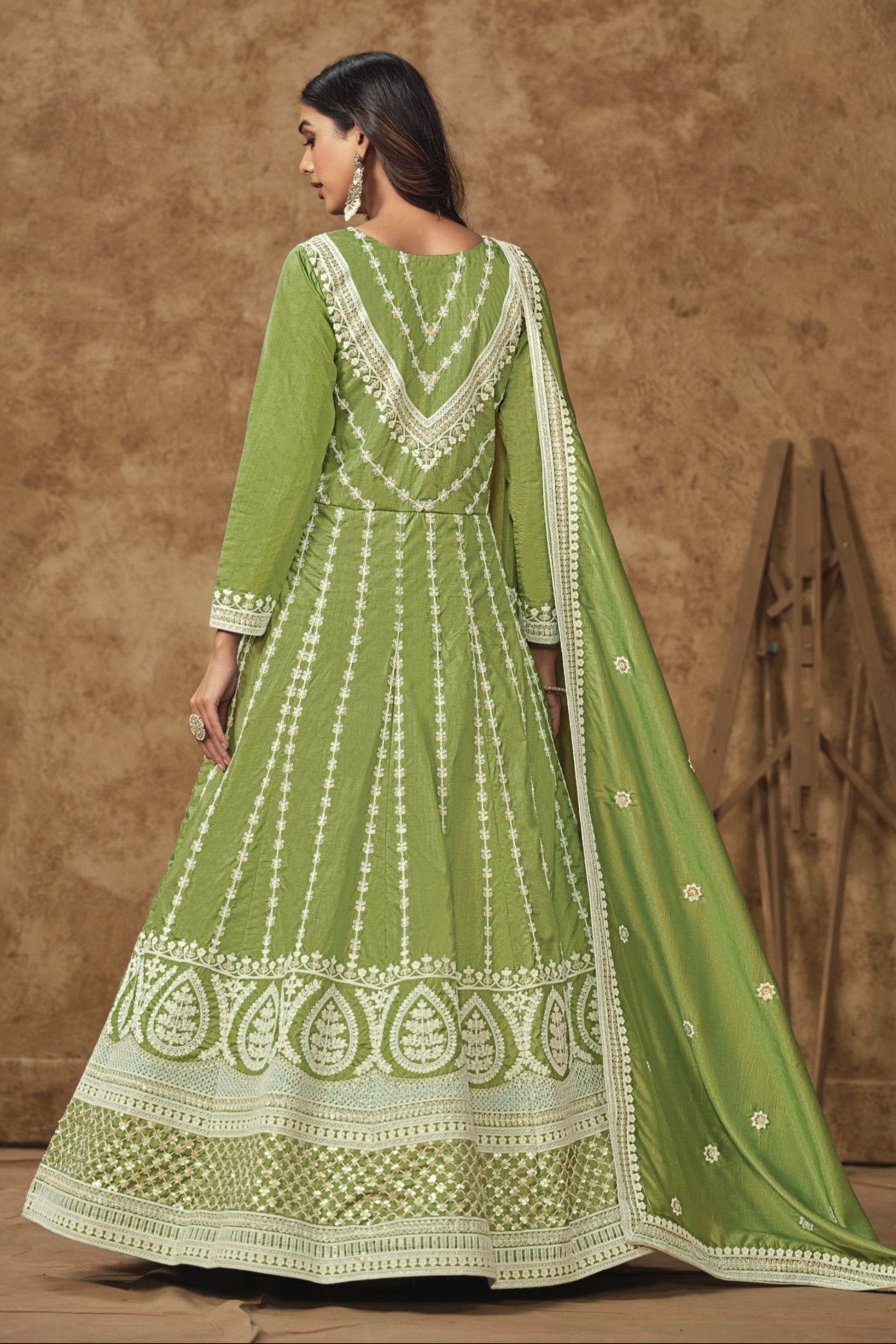 Olive Green Exclusive Anarkali Gown Stylish Suit  Seyuri