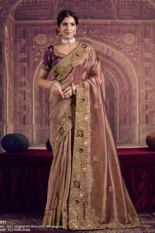Rose Gold Designer Silk Saree With Zari Embroidery Work For Indian Wedding Reception Party Wear