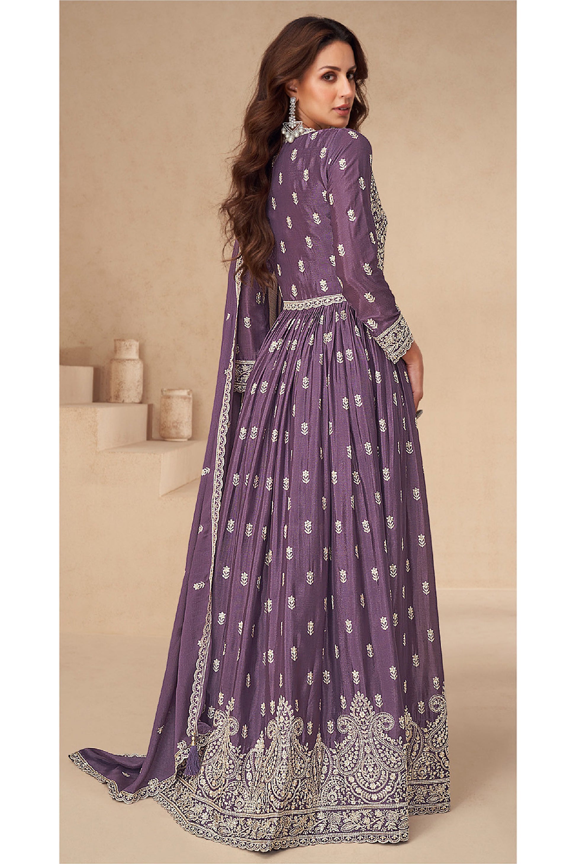Party Wear Stitched Heavy Dull Santoon Lavender Anarkali Gown Dupatta 