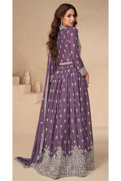 Party Wear Stitched Heavy Dull Santoon Lavender Anarkali Gown Dupatta 