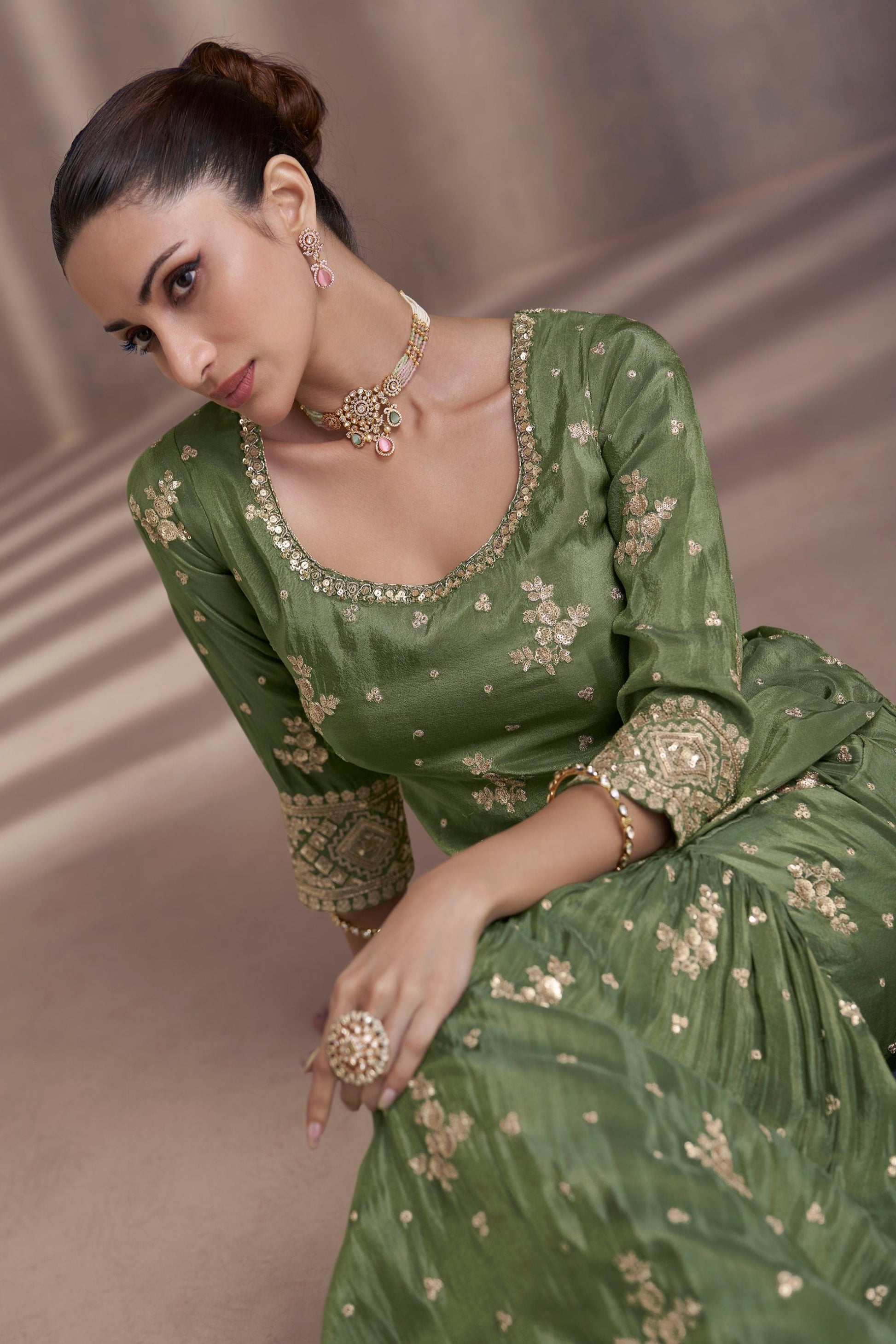 Olive Green Sharara Suit Design For Party Wear