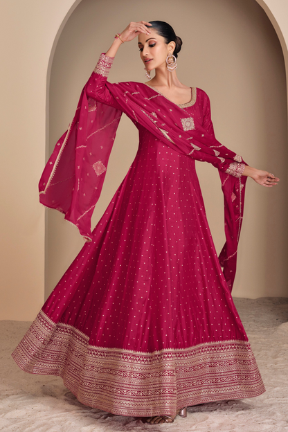 Jacquard Silk Pink Anarkali Gown With Embroidery Work Traditional Indian Wedding Dress