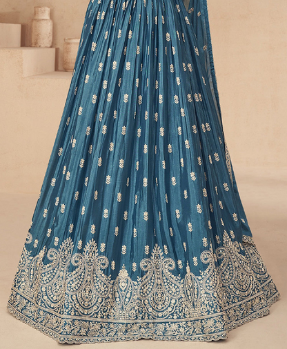 Embroidery Worked Stylish Heavy Dull Santoon Blue Anarkali Gown Dupatta Suits 	 