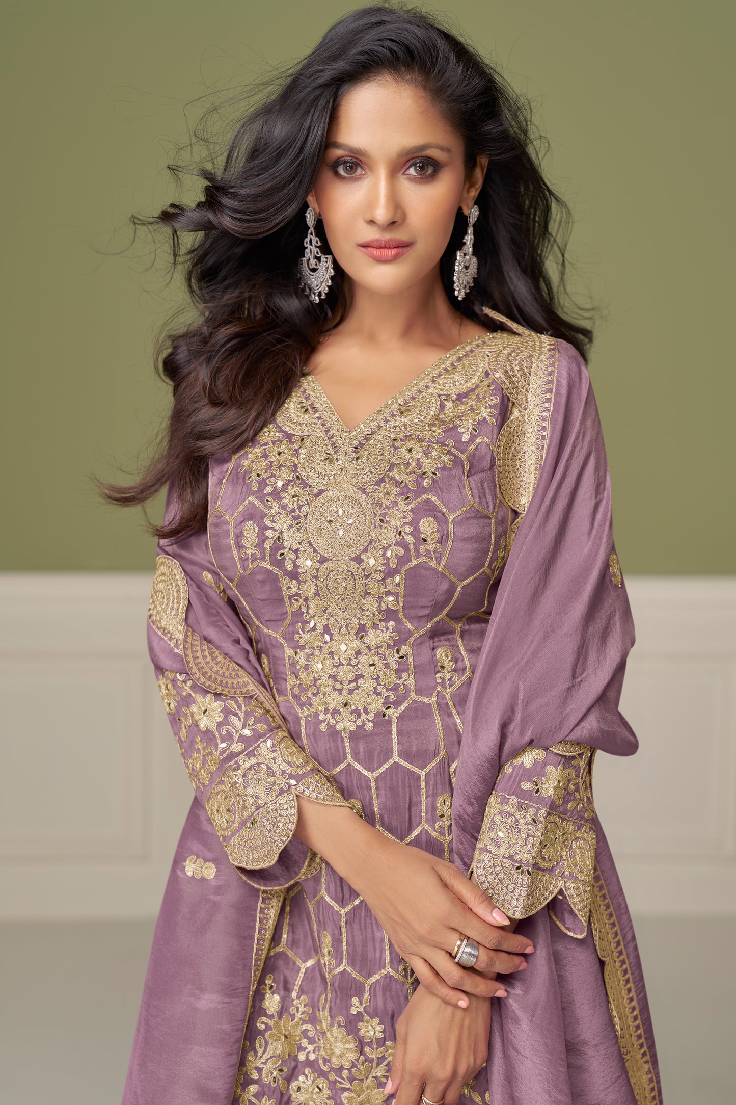 Levender sharara suits in real shimmer silk fabric