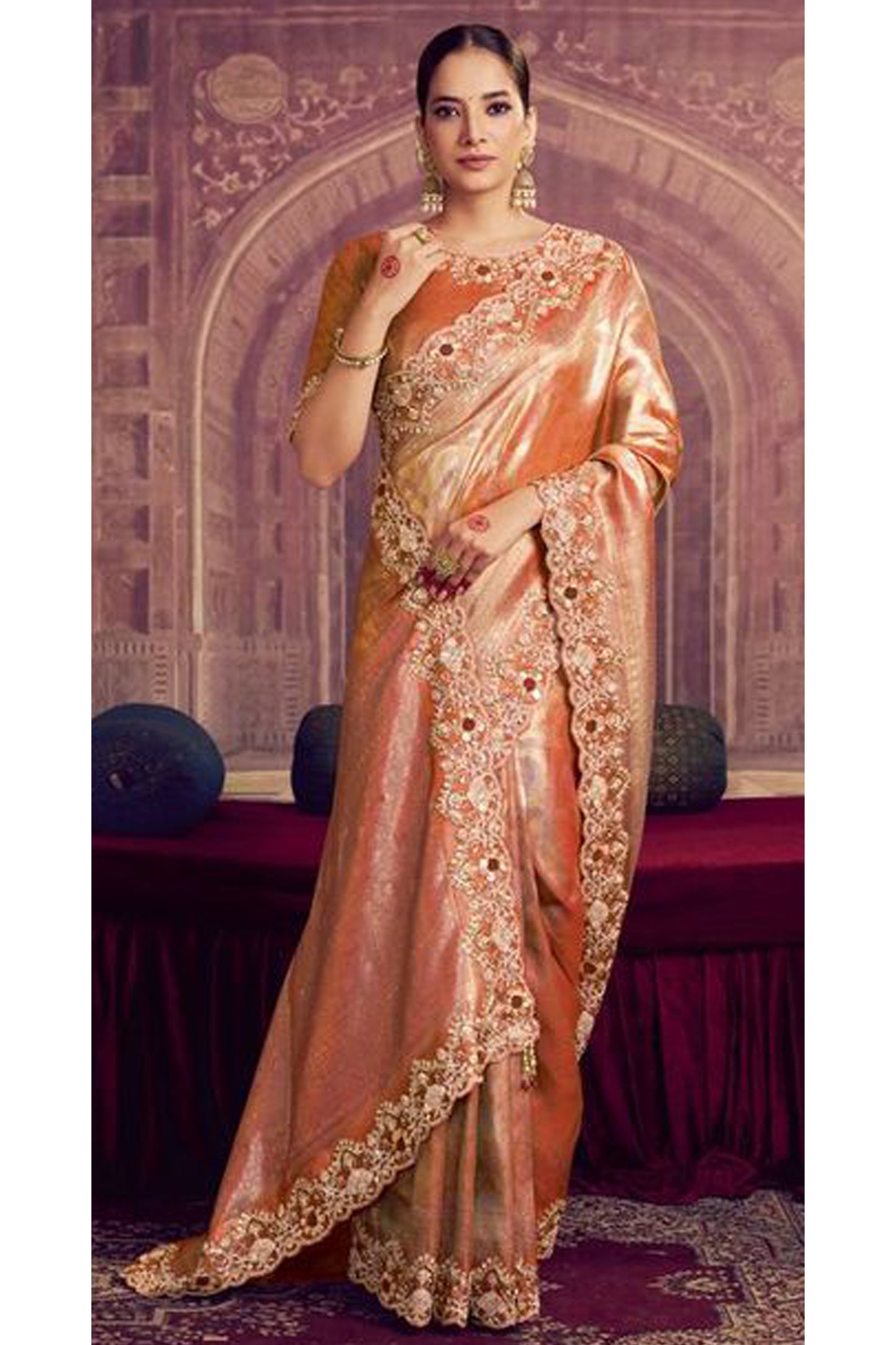 Brown Kanjivaram Saree Close-Up - Zari Sequin Embroidery Detail | Indian Wedding Saree