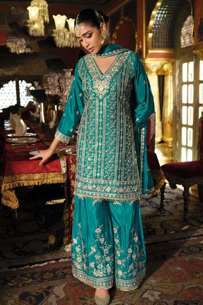 Sharara suits in teal heavy chinon fabric