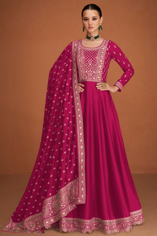 Pink Embroidery Worked Round Neck Anarkali Full Long Dupatta Dress