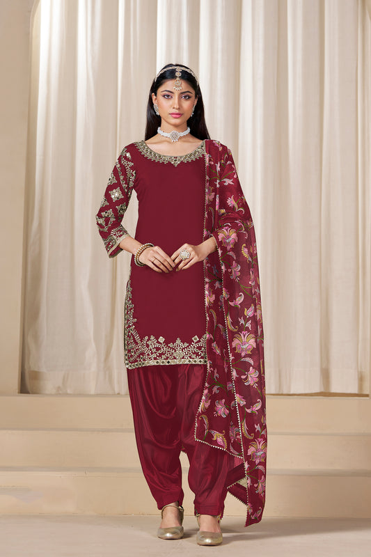 dark red patiala suits with embroidery work