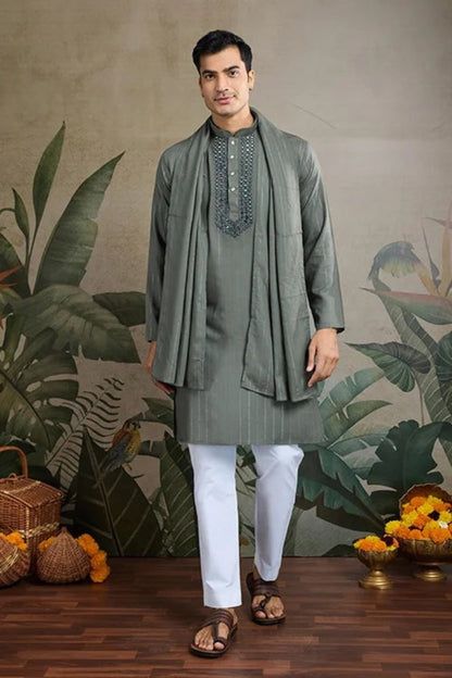 kurta pajama in grey festive ethnic wear with traditional detailing