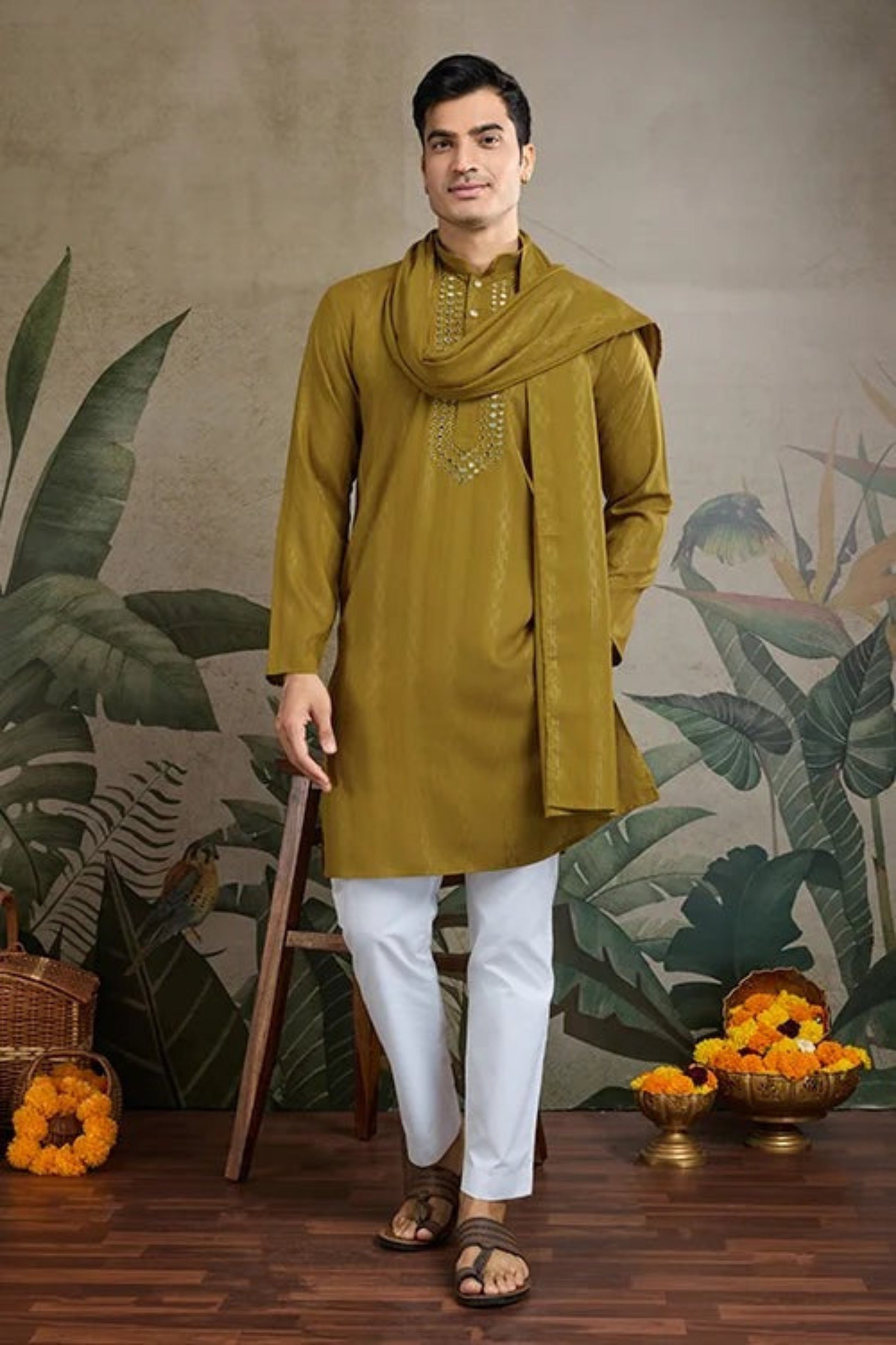 kurta for men olive green viscose rayon set
