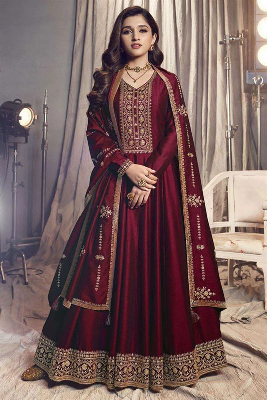 Elegant Maroon Silk Georgette Ready Anarkali Gown with Designer Dupatta