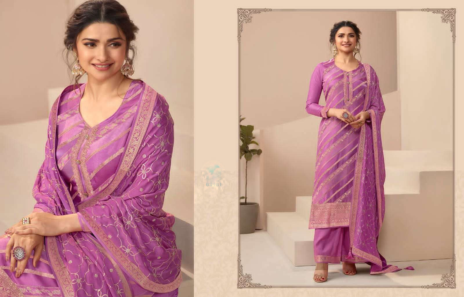 Embroidered Purple Salwar Kameez Detail - Dola Jacquard Fabric With Chiffon Dupatta - Plus Size Available