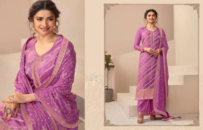 Embroidered Purple Salwar Kameez Detail - Dola Jacquard Fabric With Chiffon Dupatta - Plus Size Available