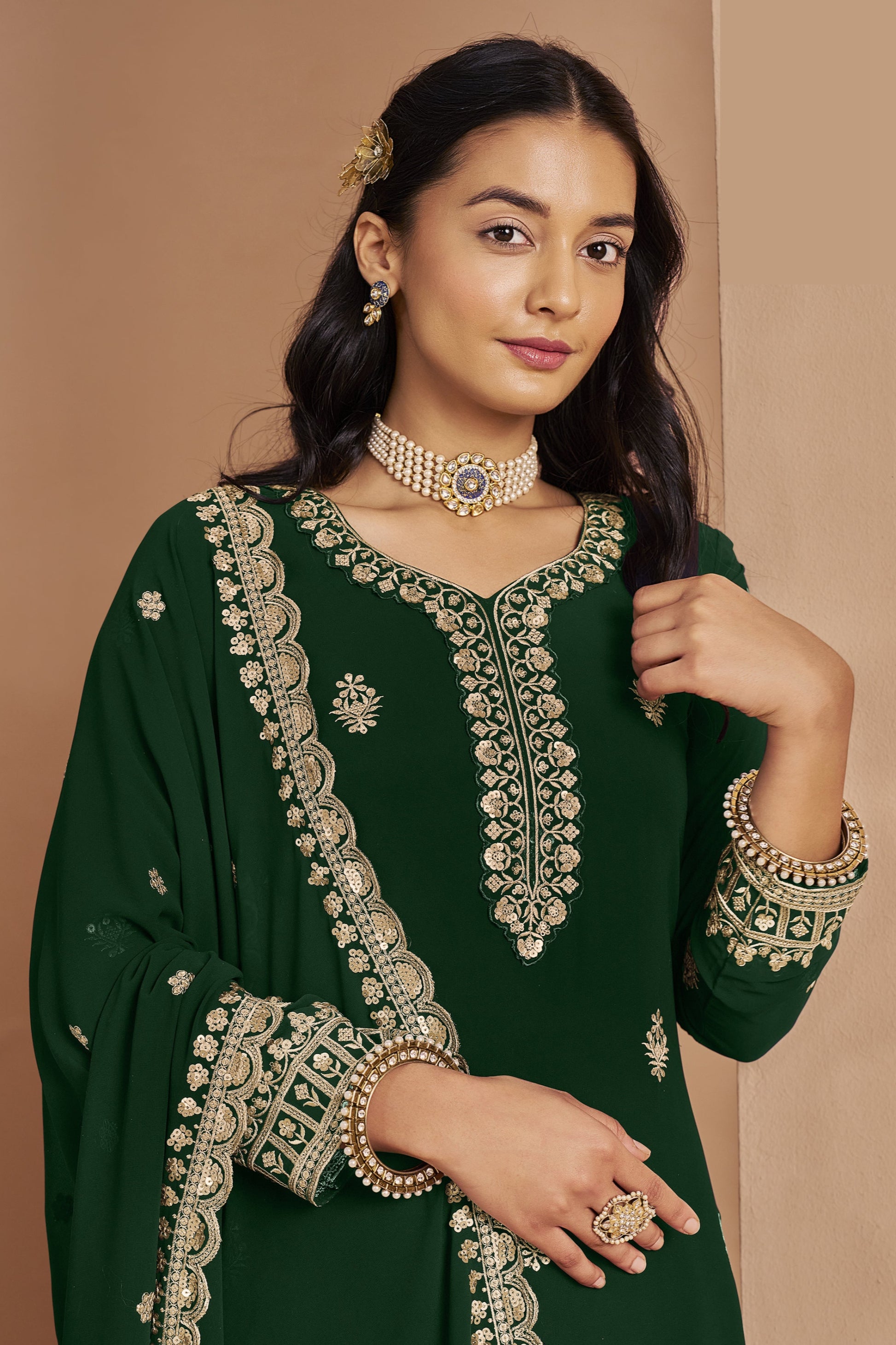 Dark Green Best Fabric Western Palazzo with Georgette Dupatta – Seyuri