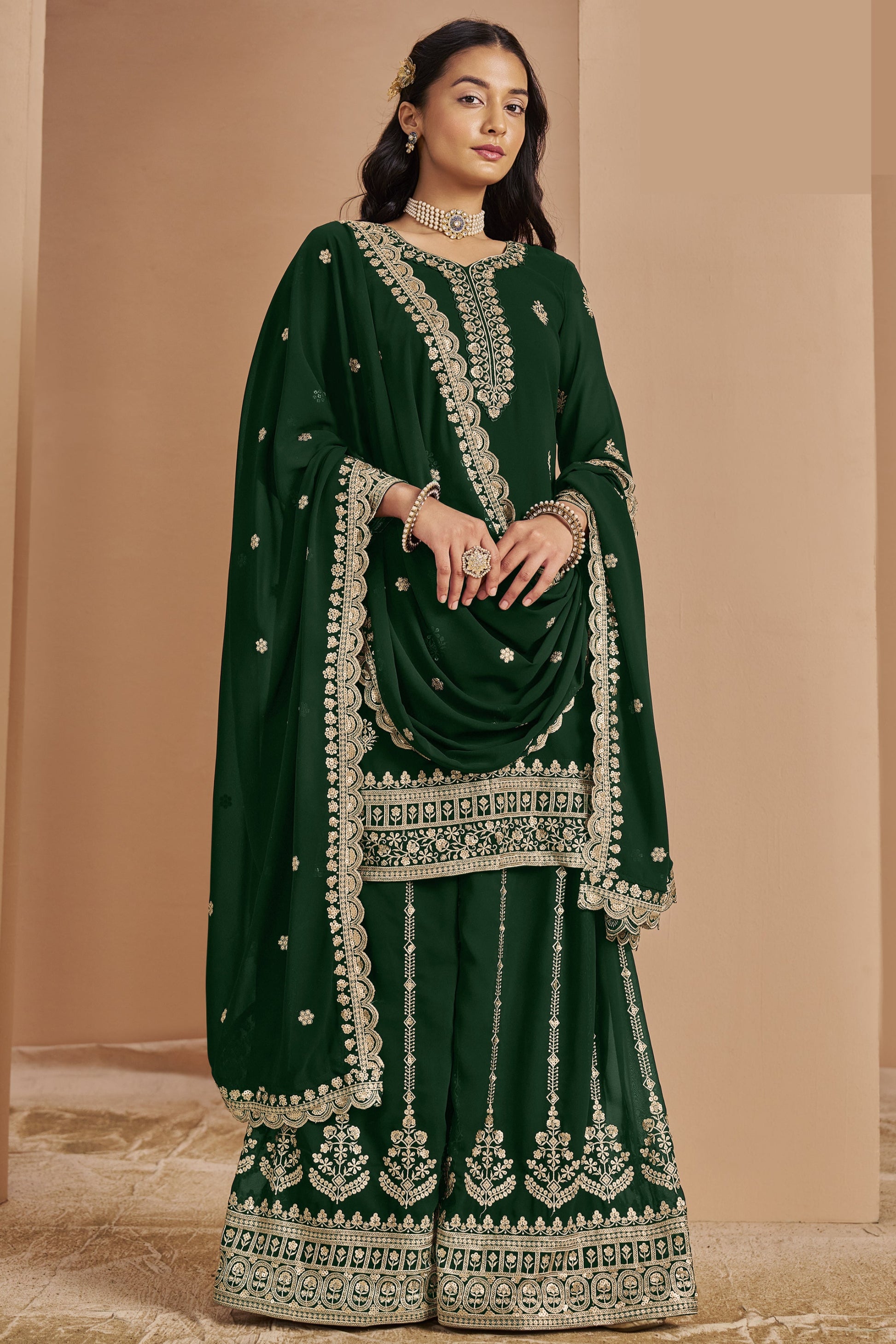 Dark Green Best Fabric Western Palazzo with Georgette Dupatta Seyuri Dark Green Best Fabric Western Palazzo with Georgette Dupatta Seyuri