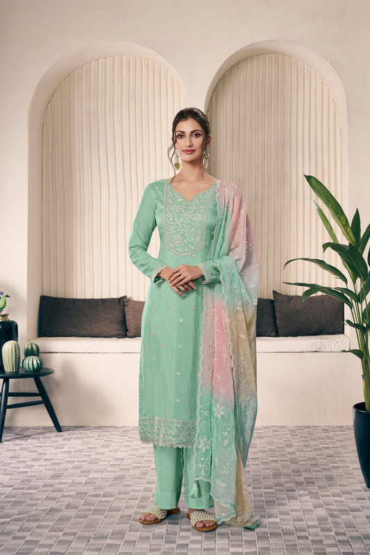light green embroidered salwar kameez full front view