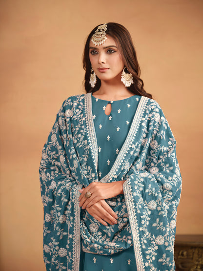 Blue Salwar Kameez Full Outfit With Dupatta - Indian Wedding Reception Party Wear For International Shipping