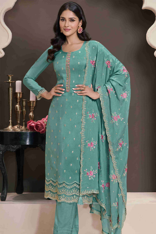 dusty teal salwar suit for marriage party full front view
