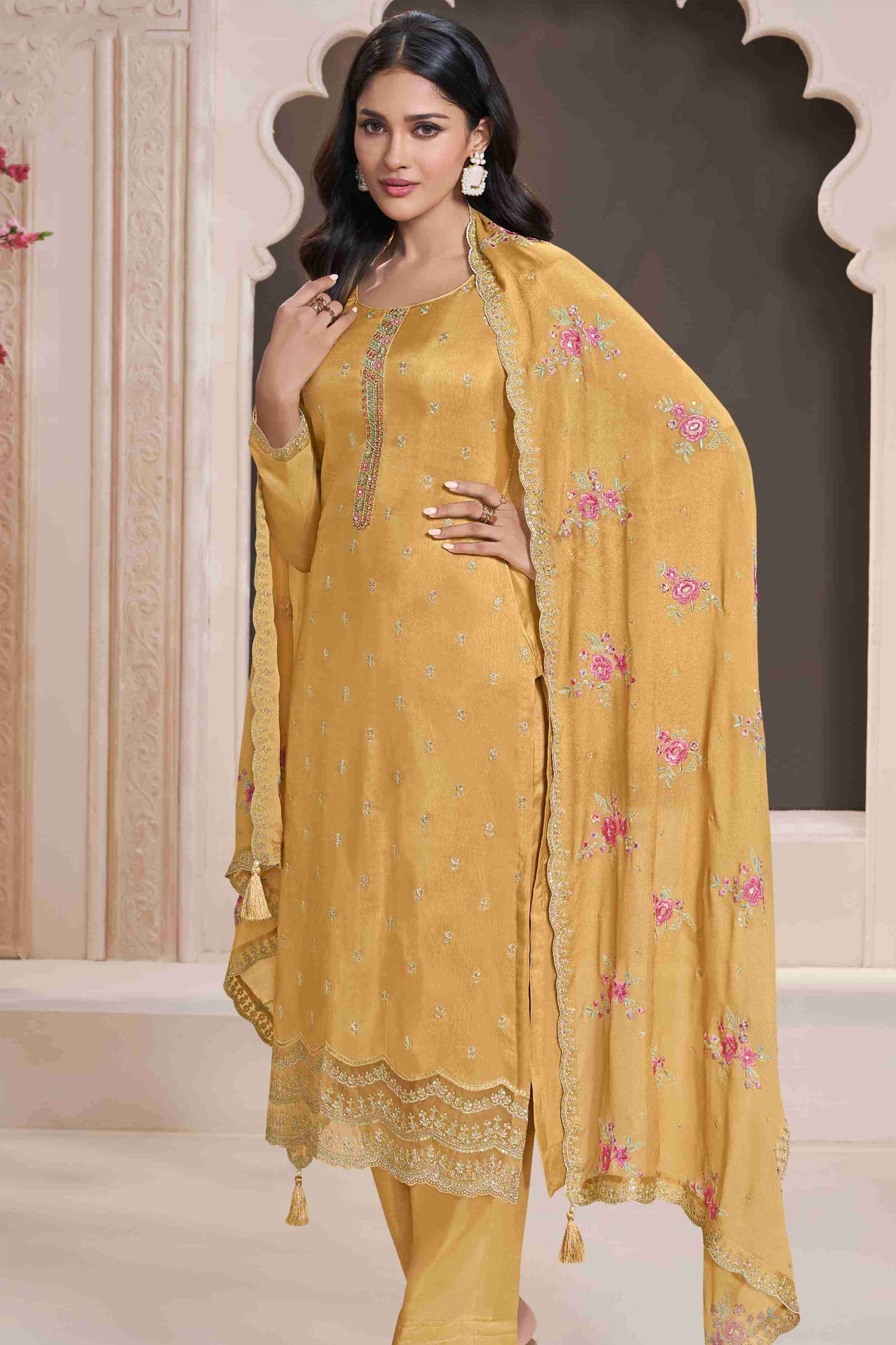 Yellow Salwar Kameez With Embroidery Work
