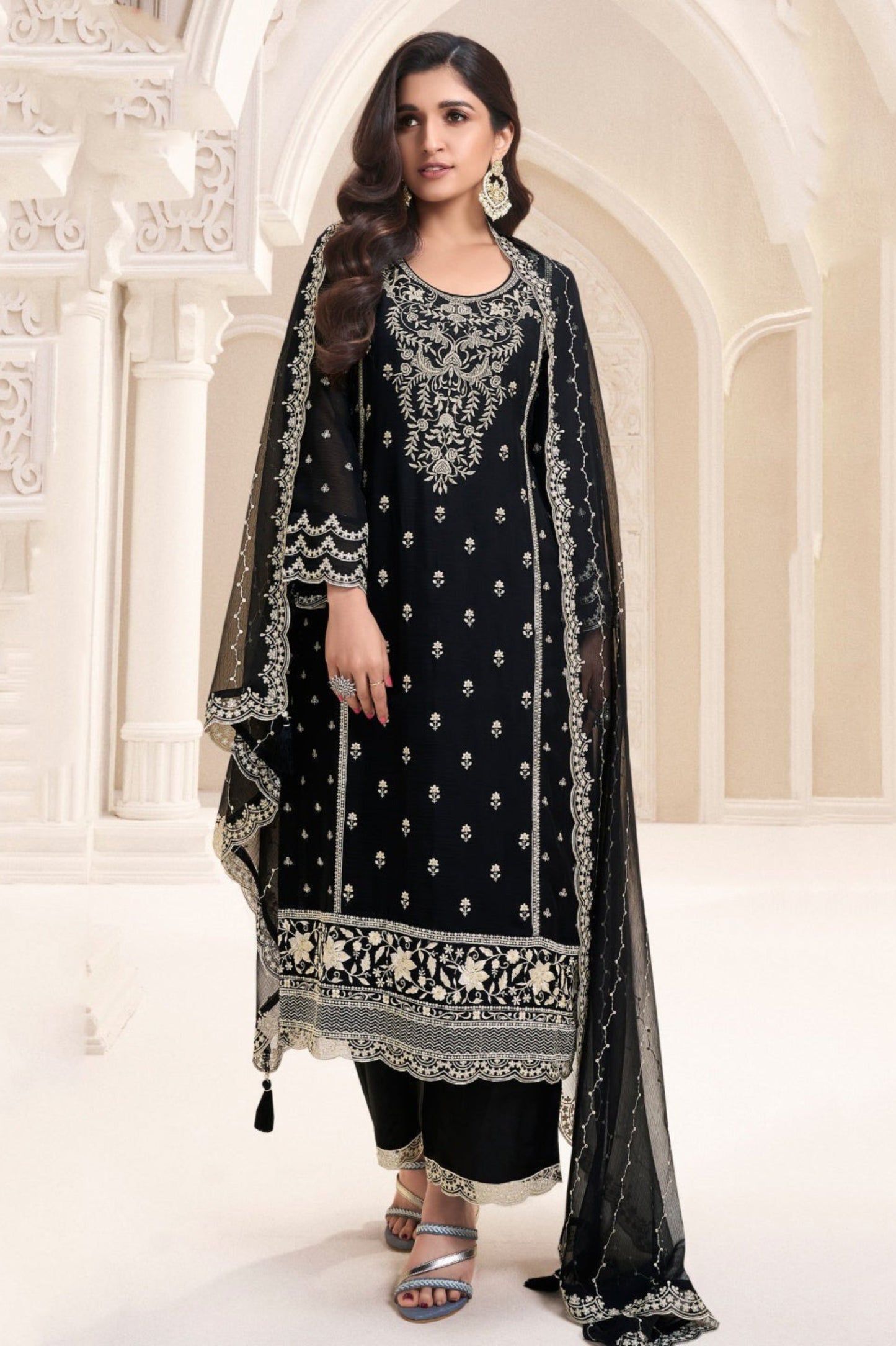 Black kameez shalwar full front view with embroidery