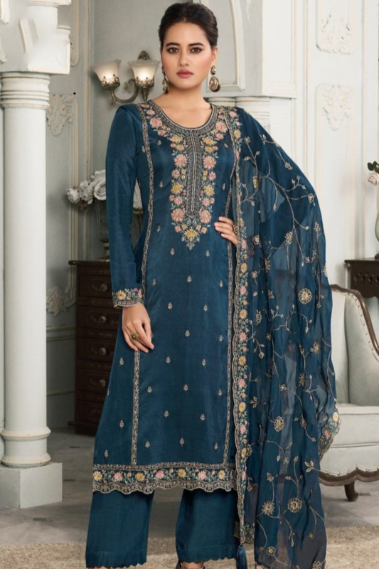 womens salwar kameez in blue with embroidery
