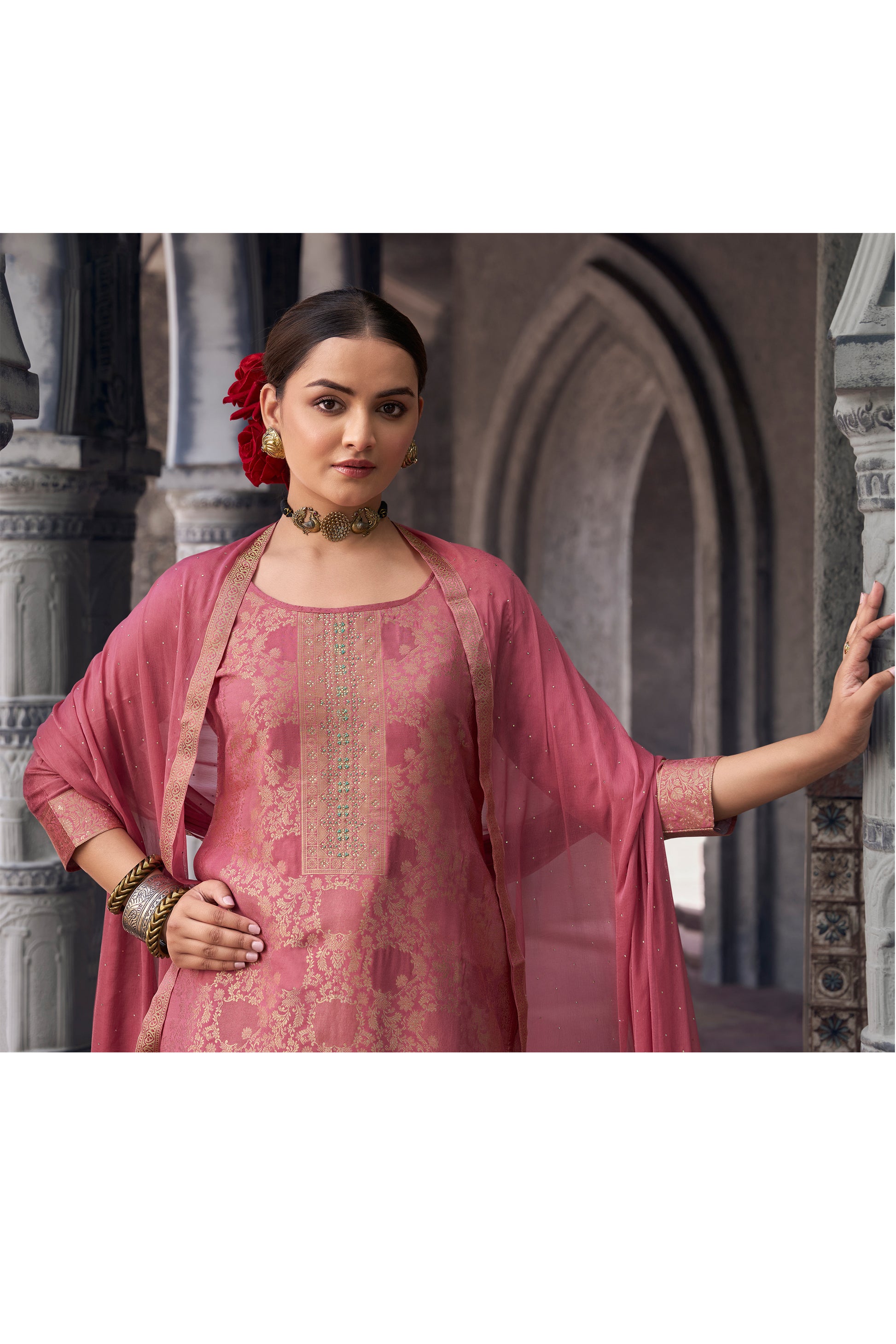 Peach salwar kameez full set displayed for party wear