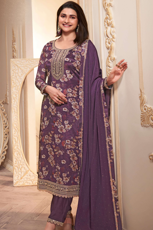 Front view of lavender women salwar kurta with embroidery