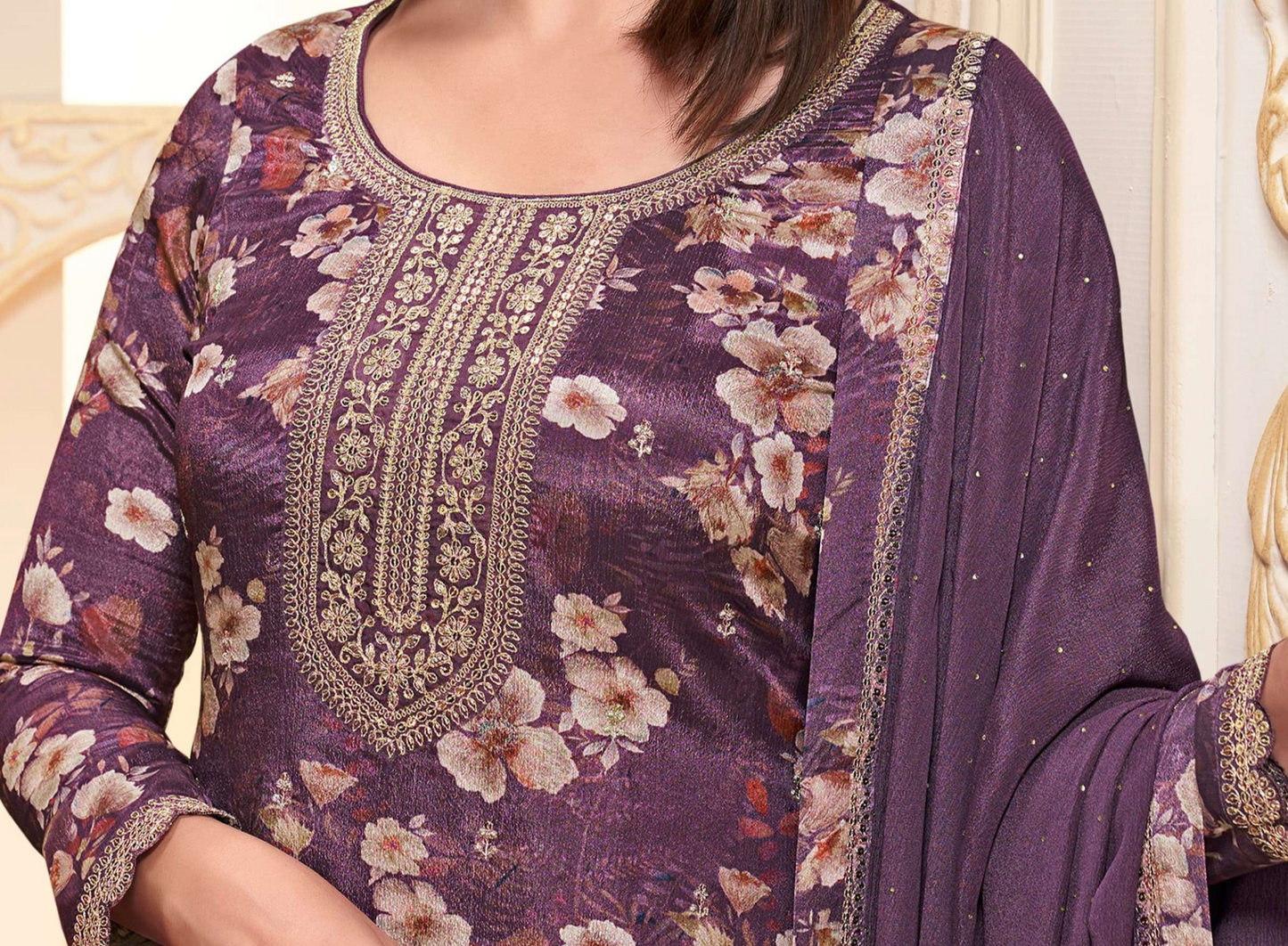 Santoon fabric texture shown in lavender salwar kurta