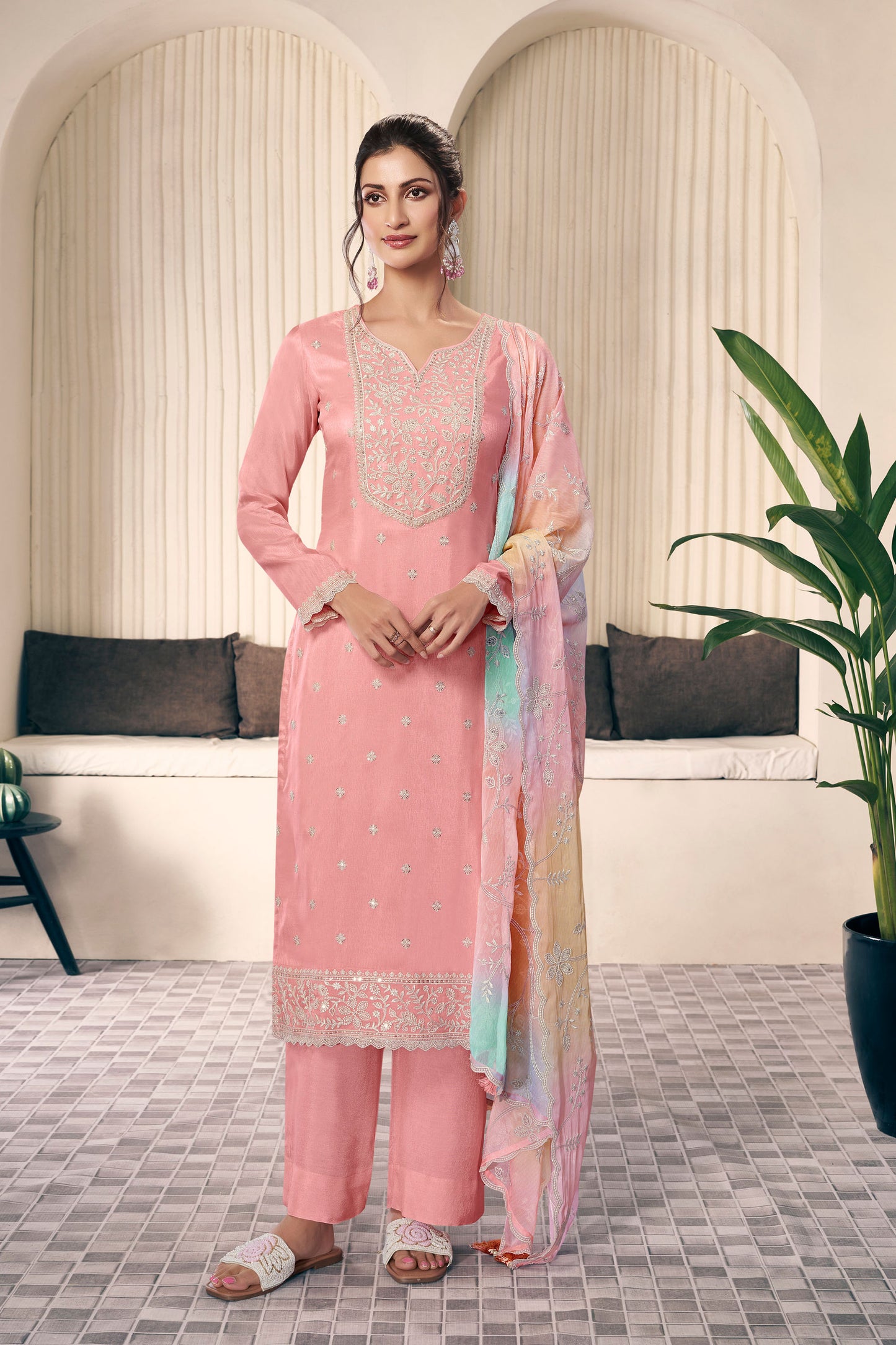 indian salwar kameez online peach silk wedding suit front view