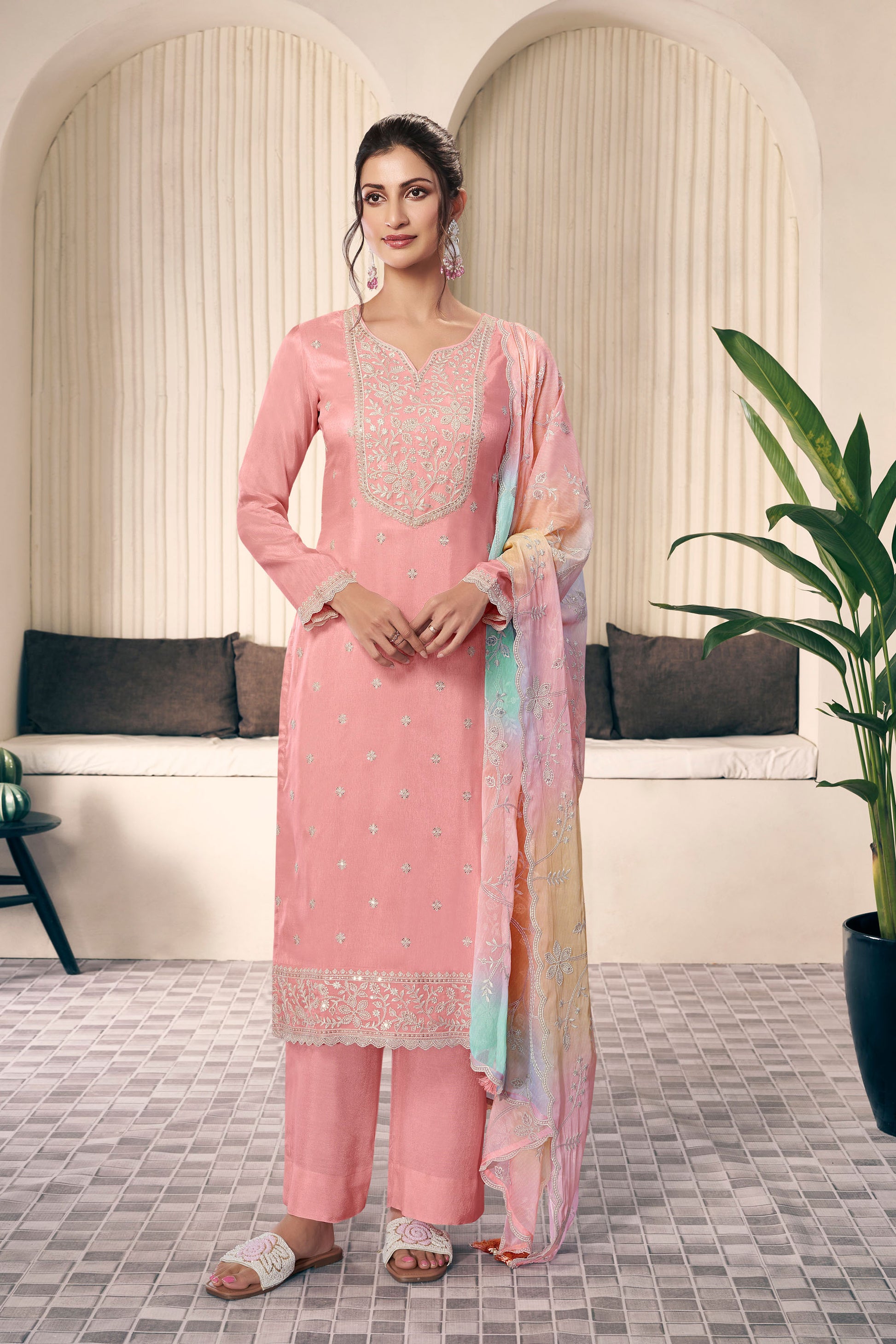 indian salwar kameez online peach silk wedding suit front view