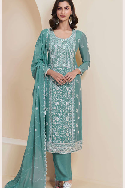 Teal Blue Salwar Suit With Embroidery Work

