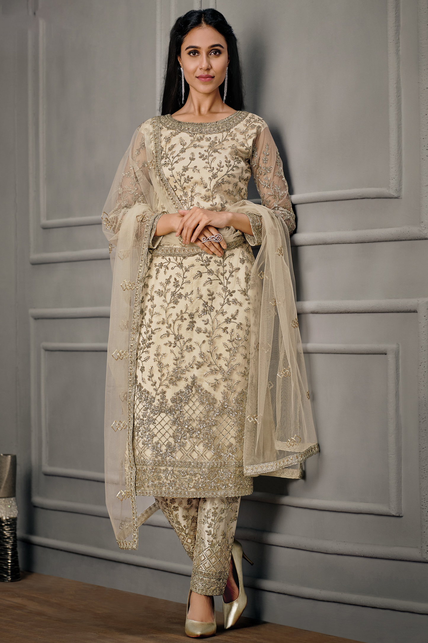 close-up of satin fabric texture on off-white suit