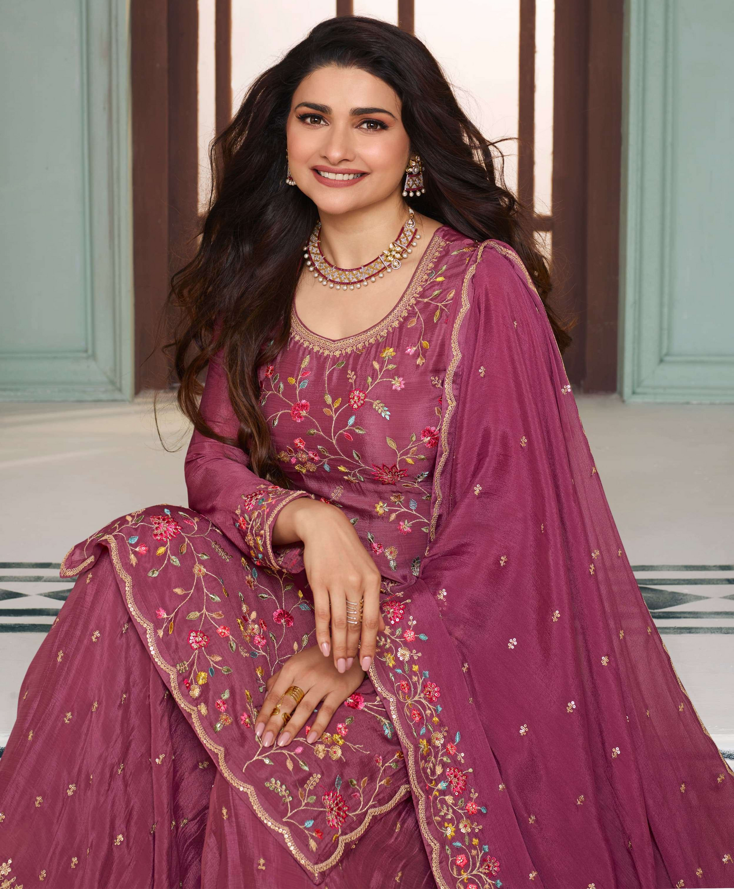 Traditional Bollywood Style Punjabi Palazzo Suit With Chinon Silk Fabric And Embroidery Work