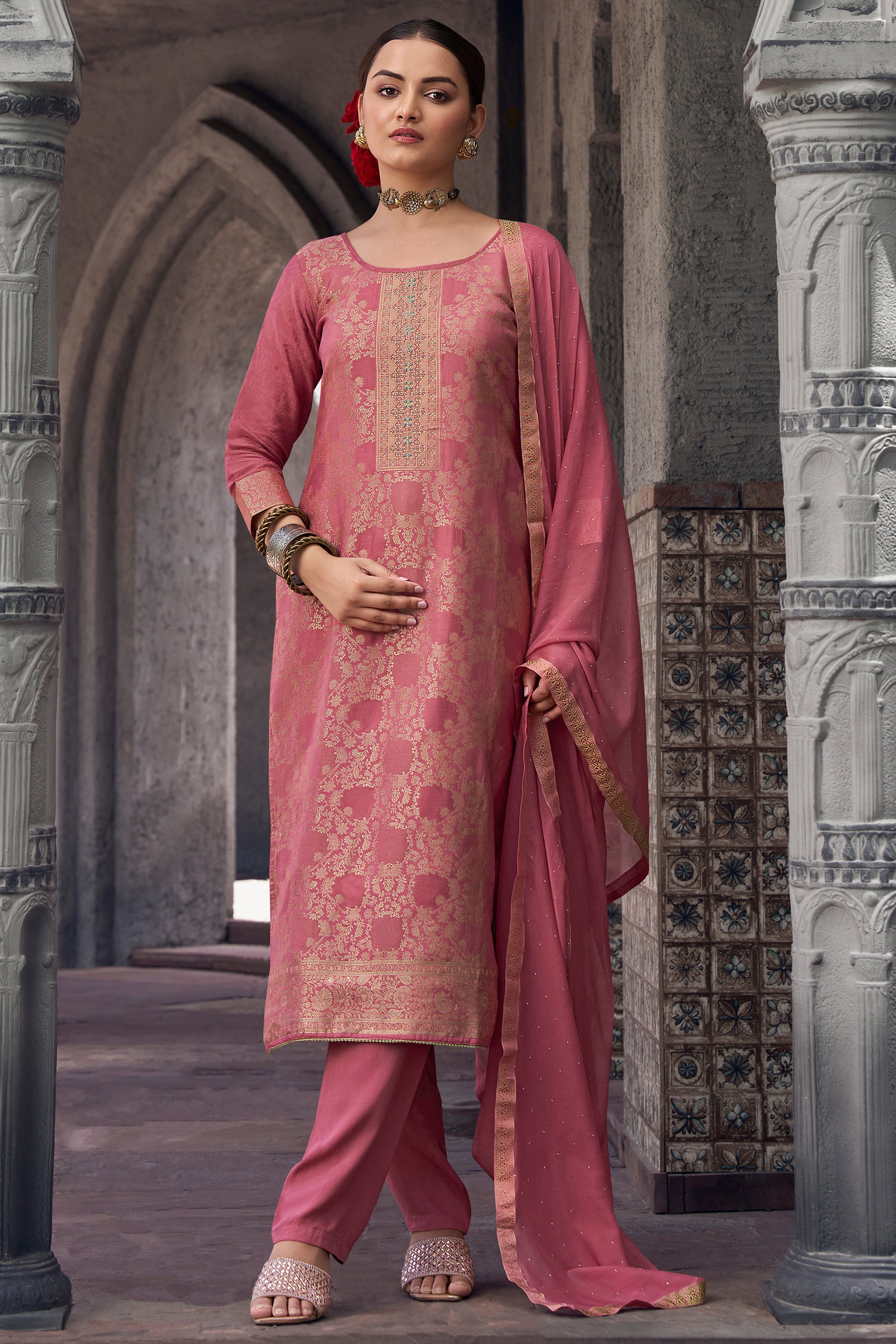 Peach kameez shalwar front view in muslin jacquard