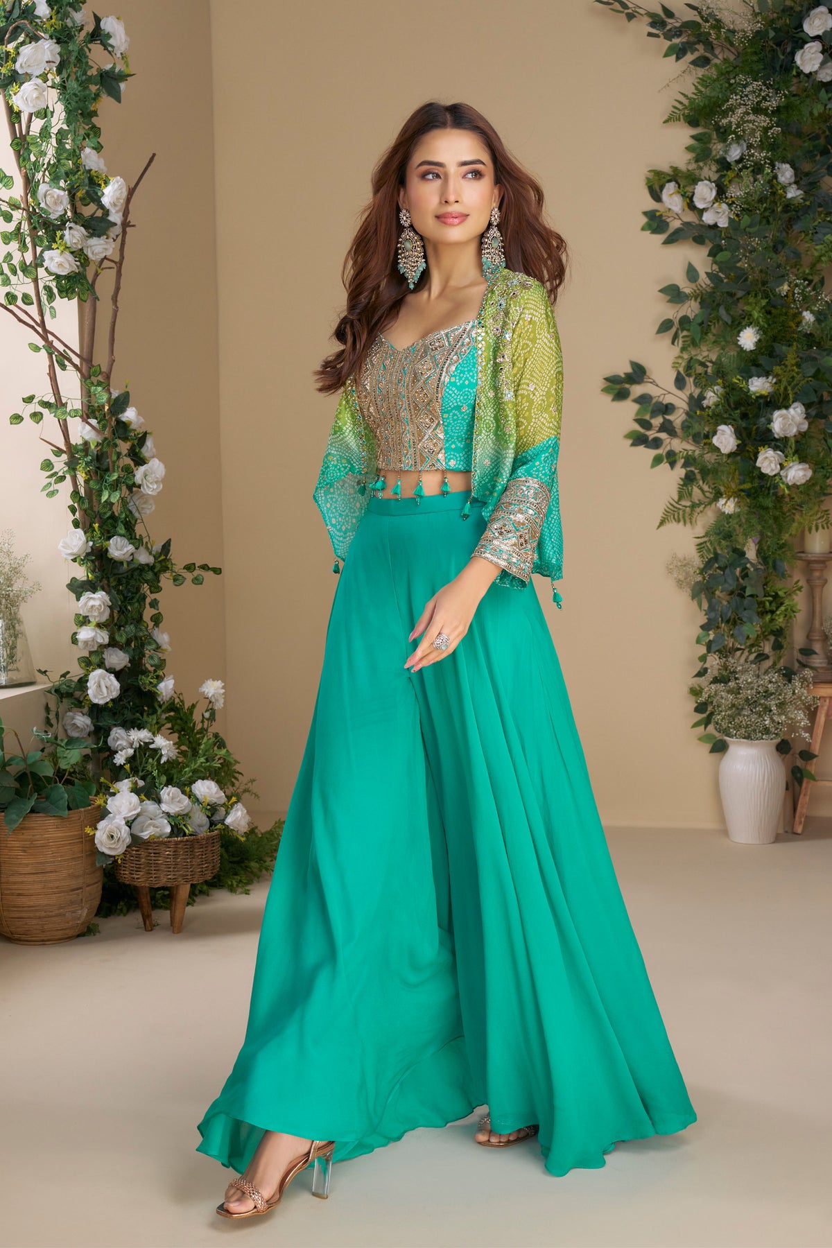 Modern teal green western shrug palazzo outfit for Indian wedding and sangeet guest styling