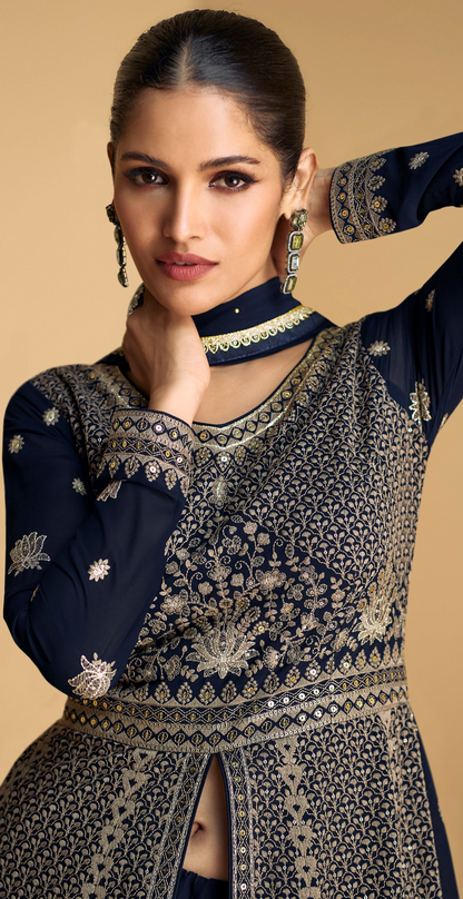Anarkali Indian Dresses​ Navy Blue Embroidered Worked Gown For Women's Wear