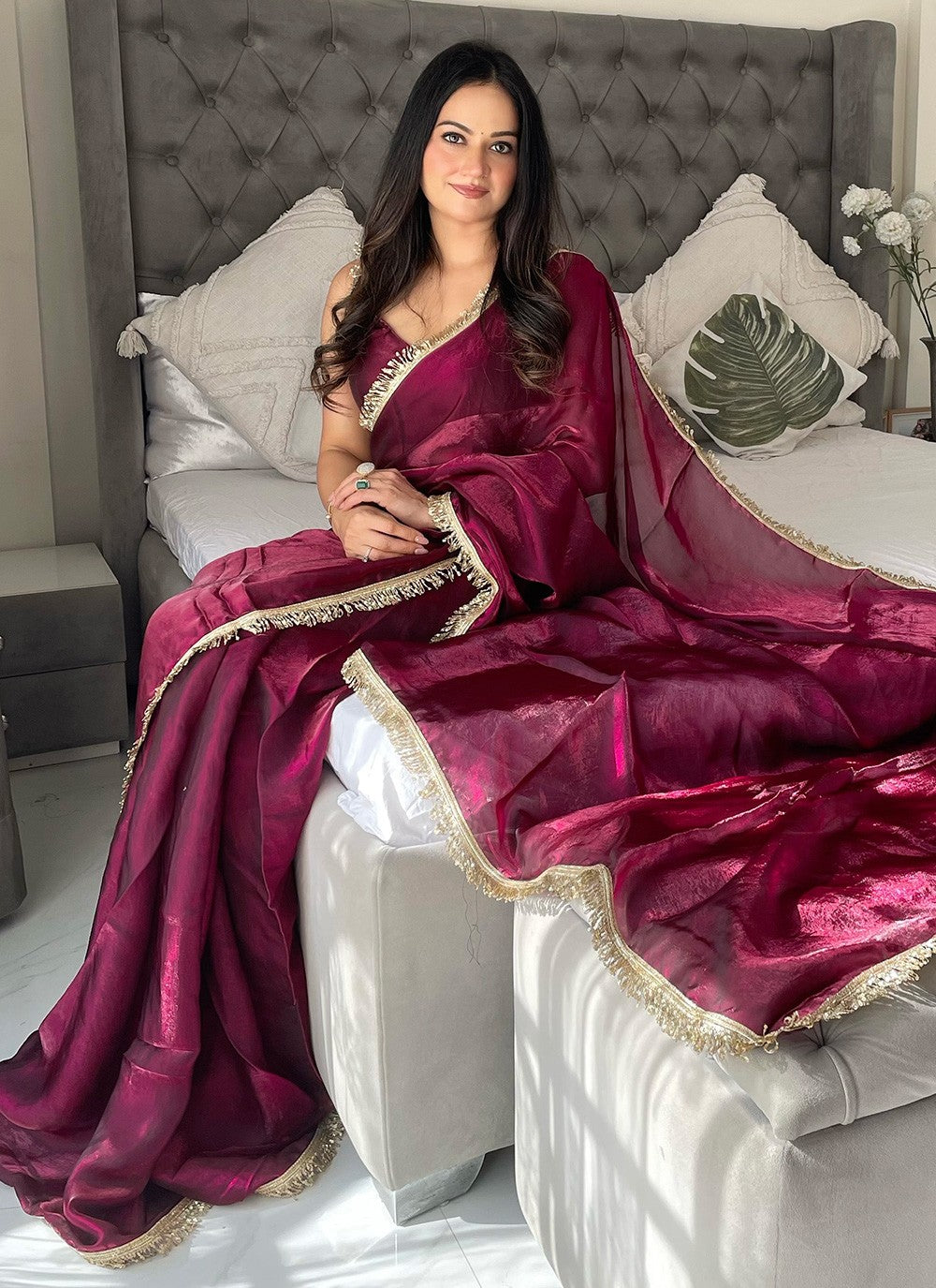 Wine Saree exudes rich sophistication – a bold yet graceful choice for any occasion.

