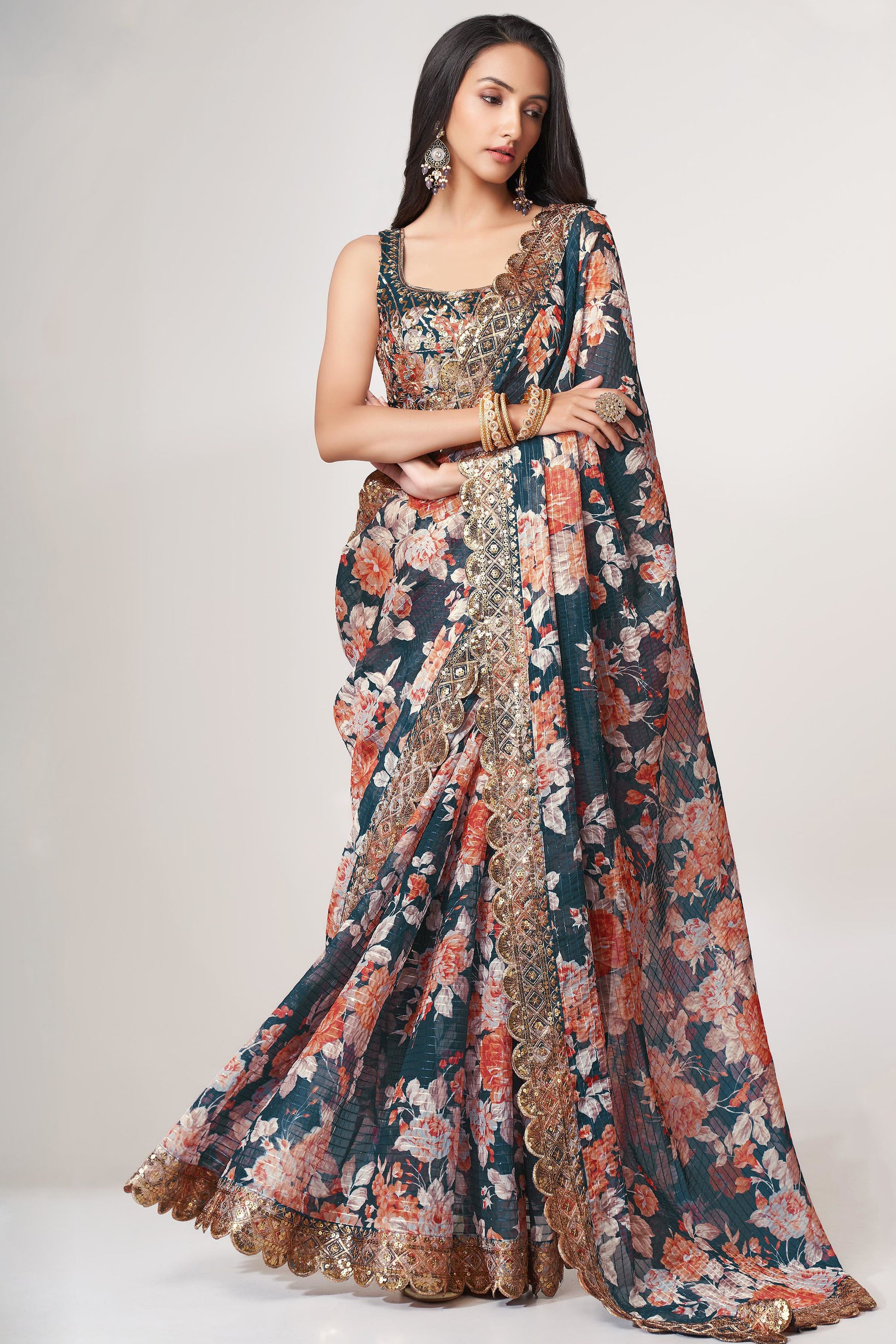 Blue Saree offers calm elegance – a versatile pick for every occasion.
