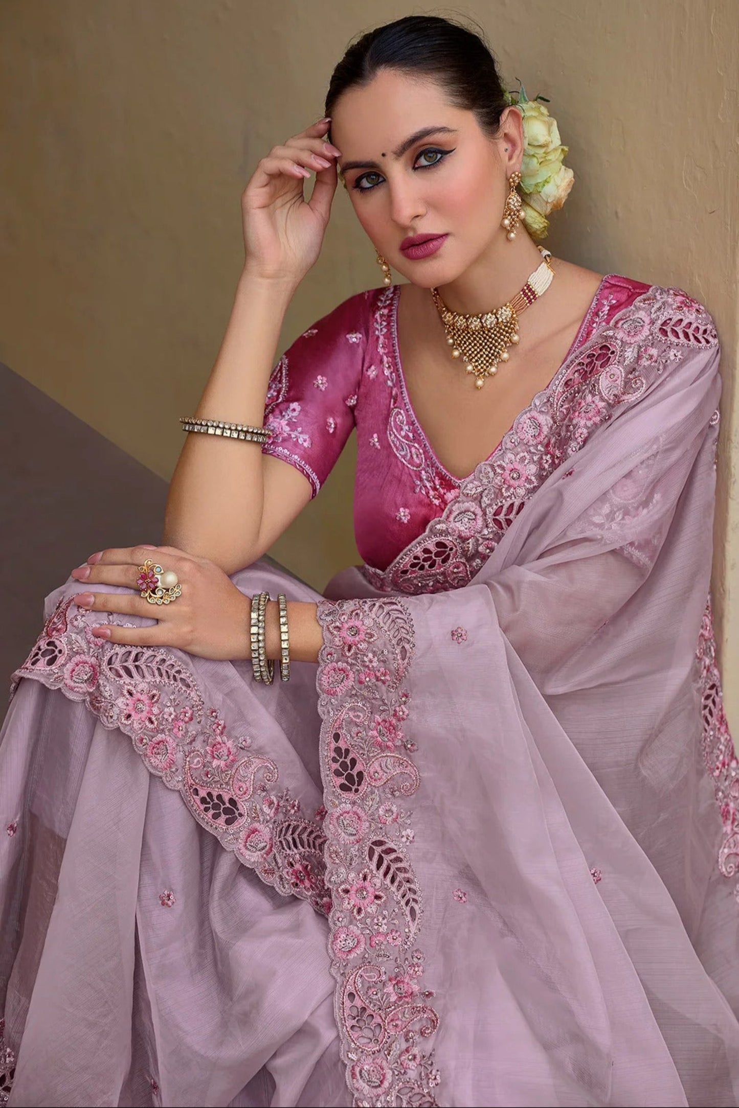 Pink Saree reflects softness and charm – perfect for graceful day functions.
