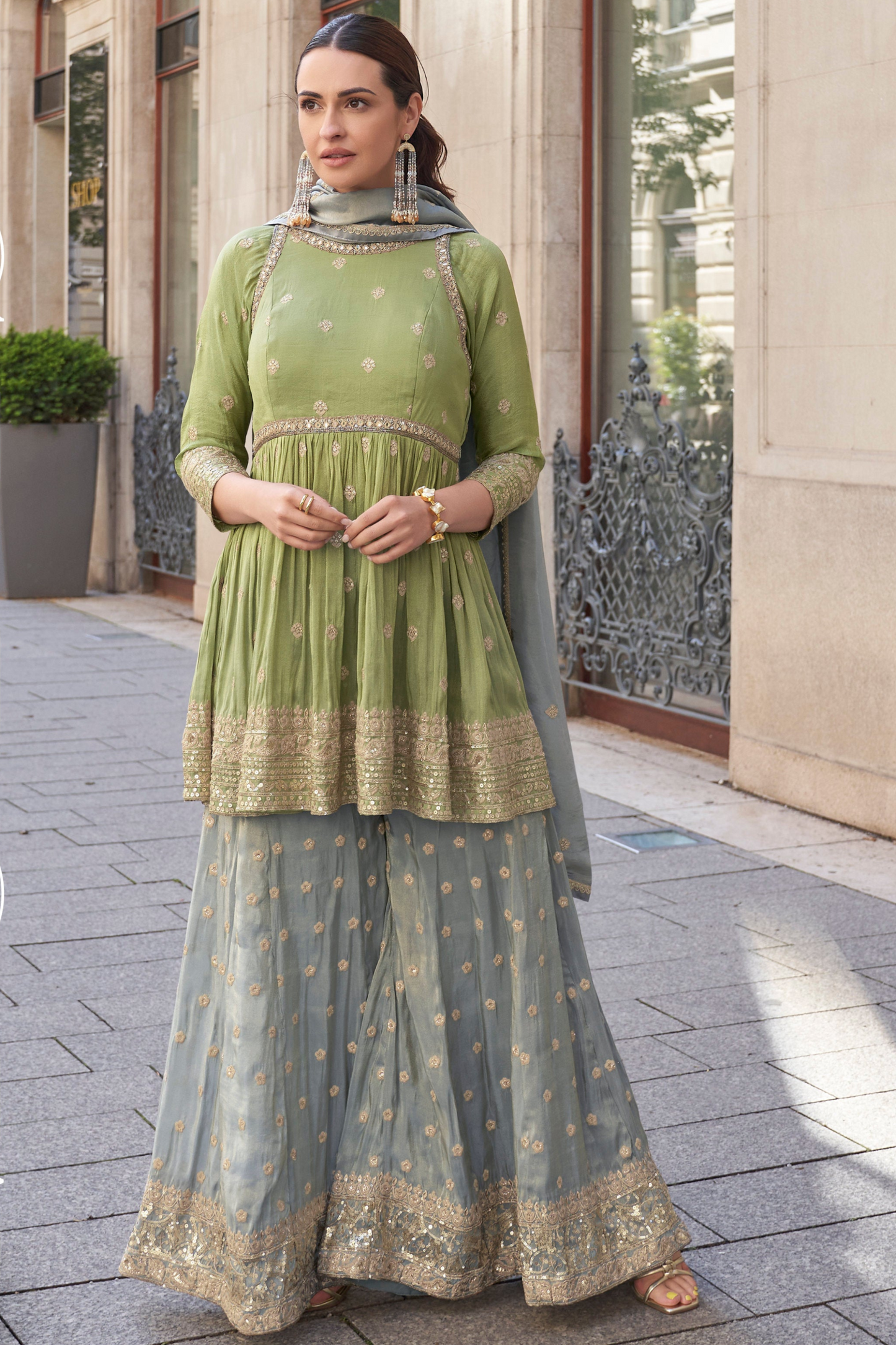 Pistachio green sharara suits with embroidered chinon silk finish