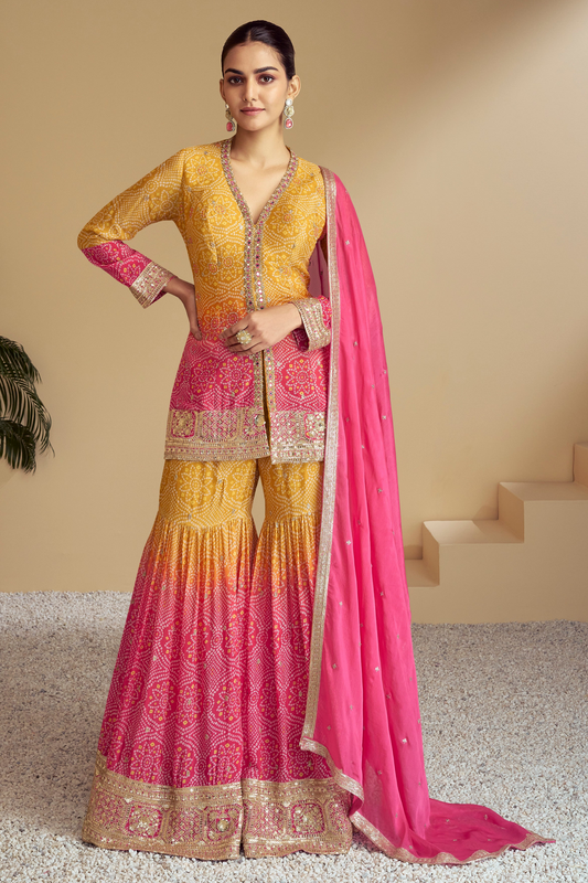 Yellow Chinon Sharara Suit By Seyuri Haldi Wedding Outfit USA