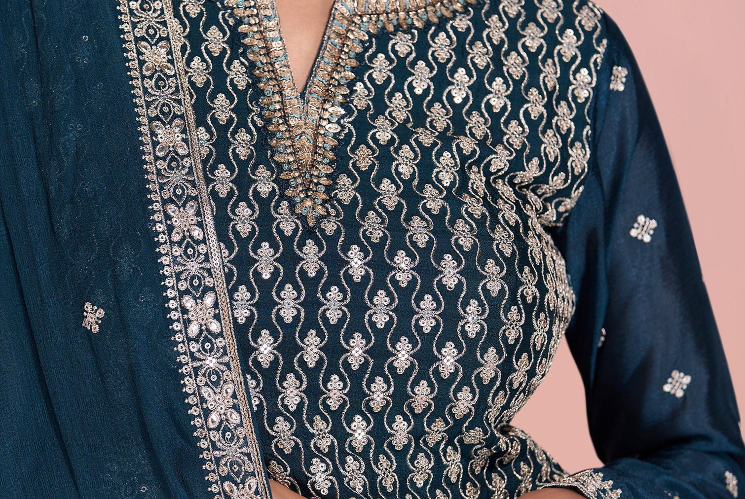 Navy Blue Sharara Suit With Traditional Embroidery Work