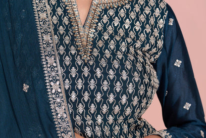 Navy Blue Sharara Suit With Traditional Embroidery Work