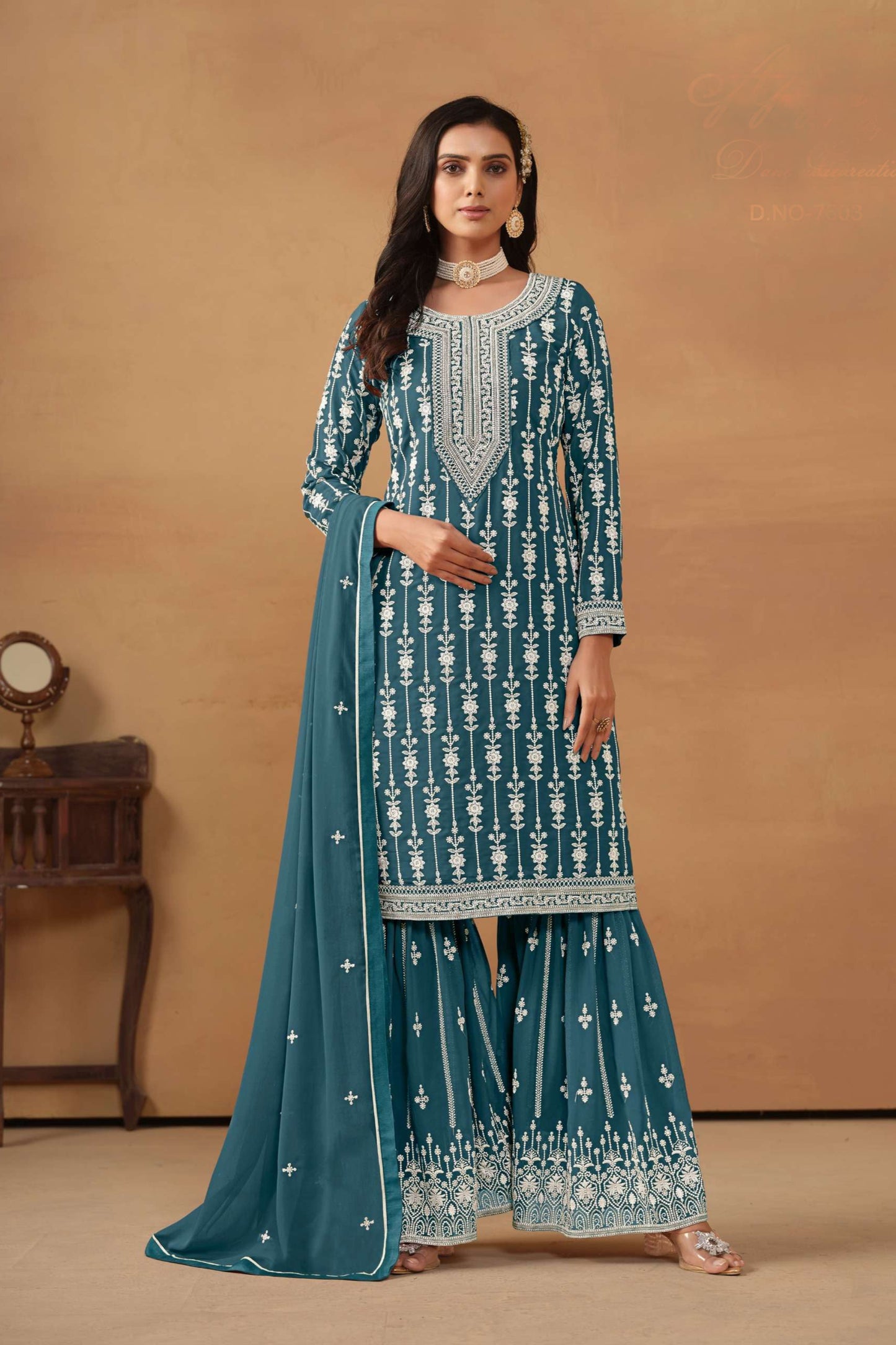Teal sharara suit with embroidery work front view