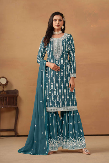 Teal sharara suit with embroidery work front view