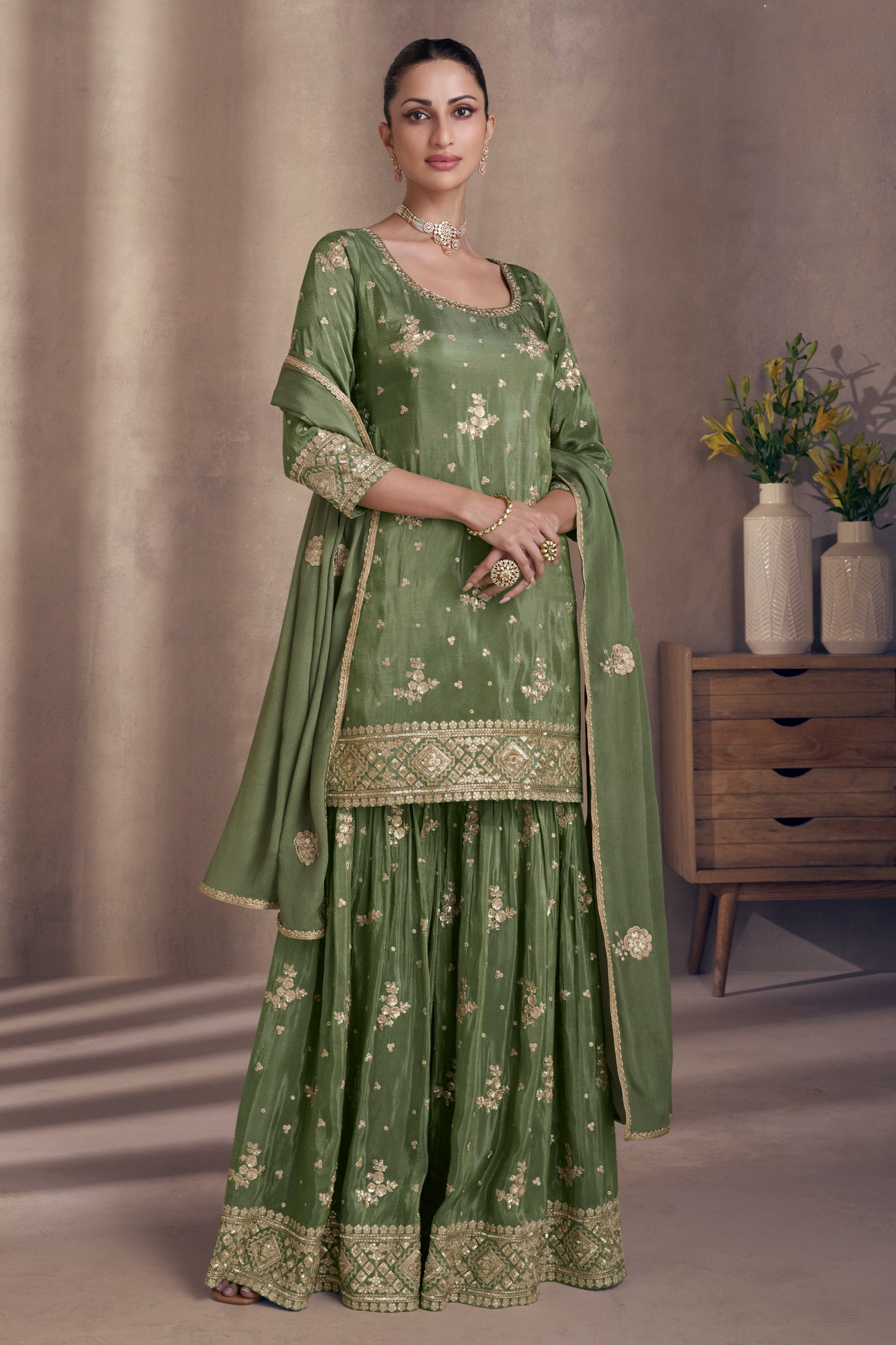 Embroidered Olive Green Sharara Suit For Celebrations