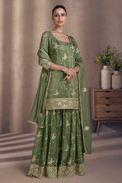 Embroidered Olive Green Sharara Suit For Celebrations